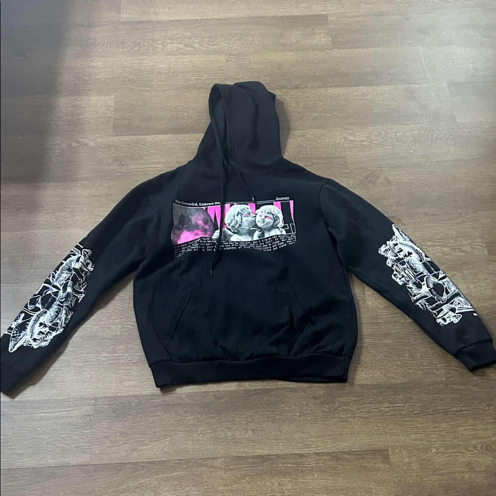 Black Graphic Hoodie with Pink Accents